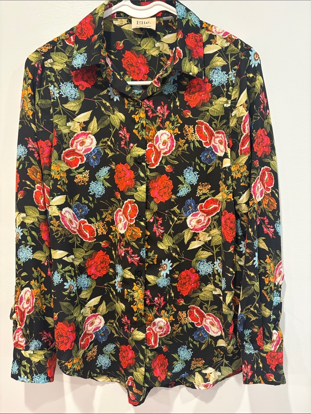 Black Floral Button-Up Blouse with Red & Green Floral Print ptp 18 length 26